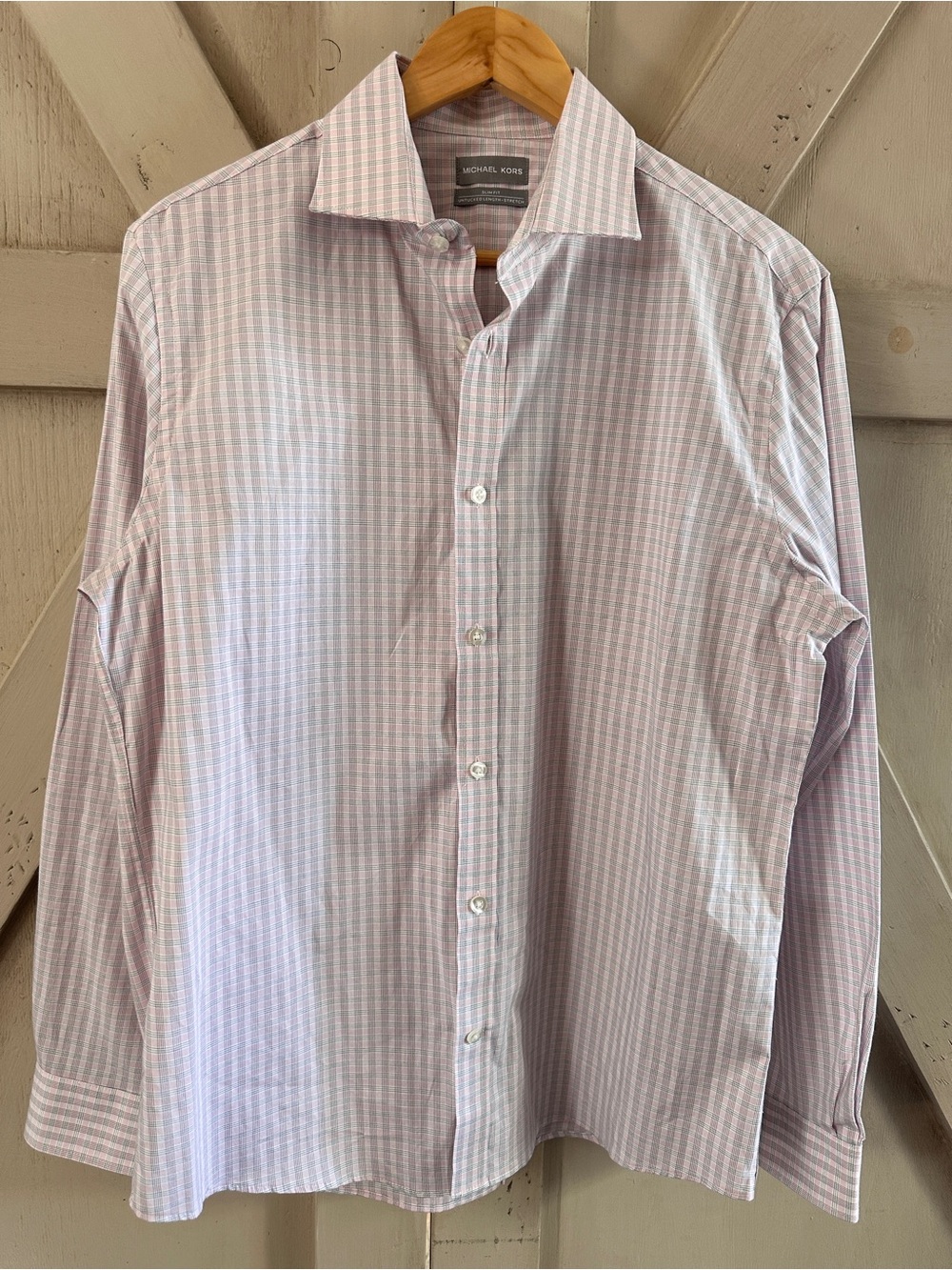 Michael Kors Pink Plaid Slim Fit Untucked Stretch Button Shirt Men’s 16 34/35 L